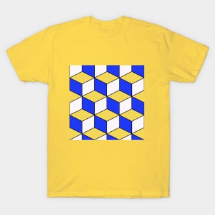 Blue Yellow 3D-Look Cubism Geometric Pattern T-Shirt